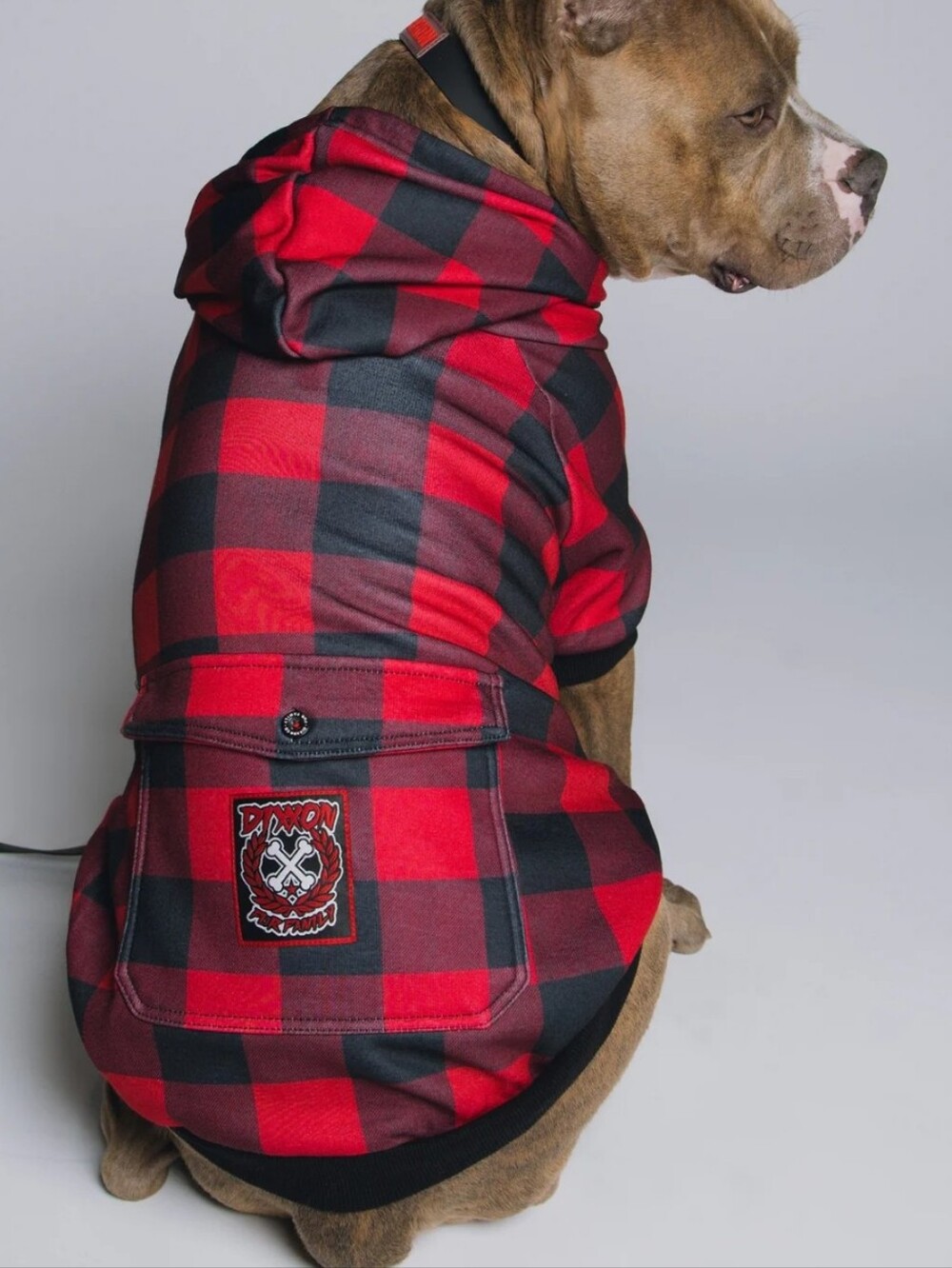 DIXXOON Red & Black Buffalo Plaid Dog Hoodie with Pocket Patch Size XS